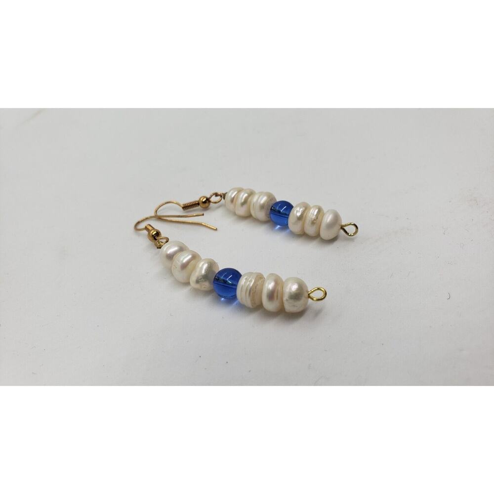 Vintage handmade Genuine Pearl Earrings Long Dangle Freshwater & Blue Glass - Picture 5 of 6